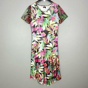 UBU Crinkle Satin Tropical Print Dress Women’s Size XL Colorful Asymmetrical Hem